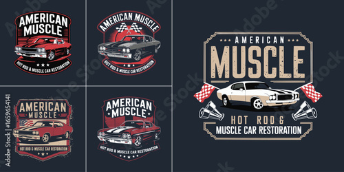 American muscle car emblem set with hot rod restoration badge, vintage racing auto logo, retro speed vehicle t shirt design