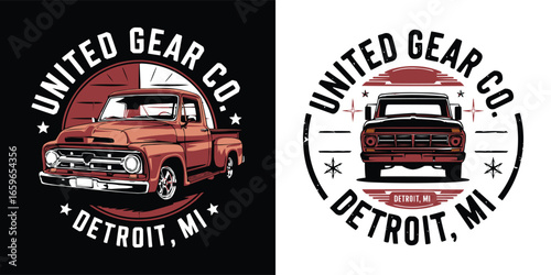 Vintage Detroit pickup truck retro badge emblem for United Gear Co automotive apparel and t shirt design