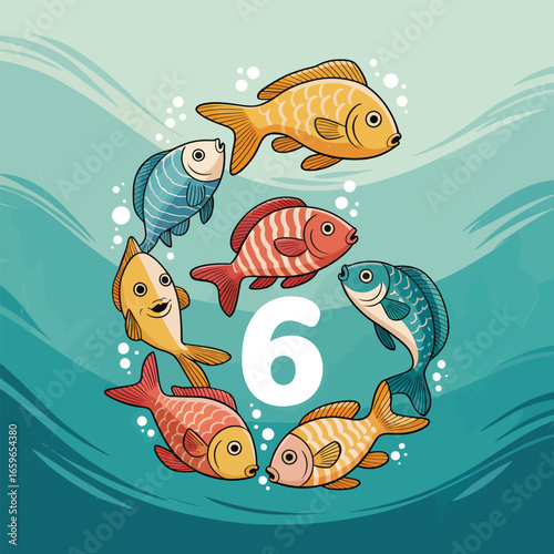Six colorful cartoon fish swimming in a circle around the number six image photo