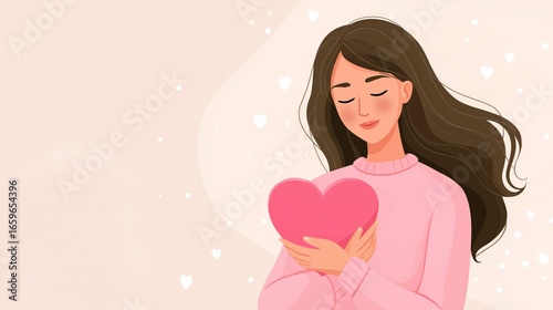 Young woman with long brown hair in pink sweater holding a pink heart on soft pastel background with white hearts, symbolizing love, self-care and tenderness