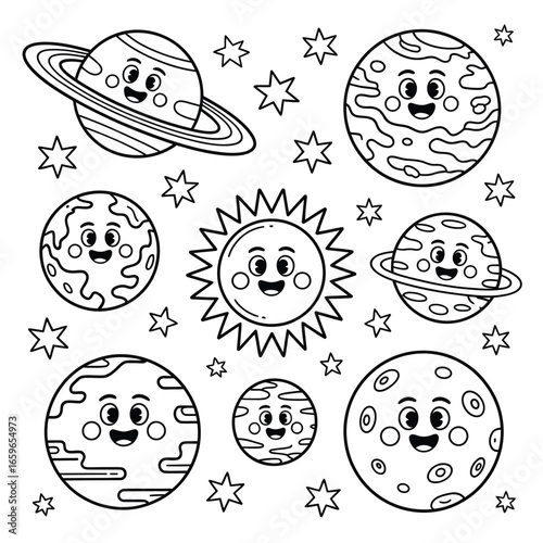 Collection of cute cartoon planets and stars in outer space galaxy universe