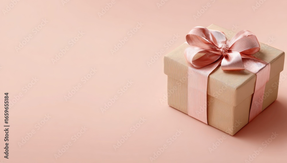 Obraz premium Light Beige Gift Box with Pink Ribbon on Pastel Pink Background