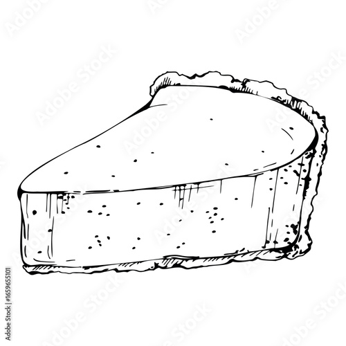 Souffle torte portion, cheesecake slice, sponge cake or tart base in vector ink. Hand drawn isolated clipart illustration. Dessert packaging, brunch menu visuals, gourmet cookbooks, food blog labels.