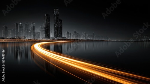 Cityscape at night, curved light trails on water