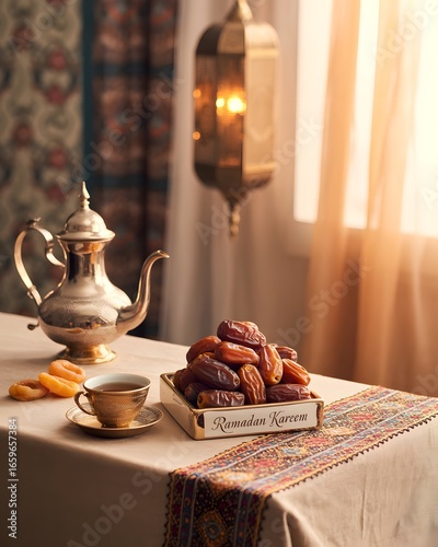 Ramadan Kareem: Dates and Traditional Tea on a Table