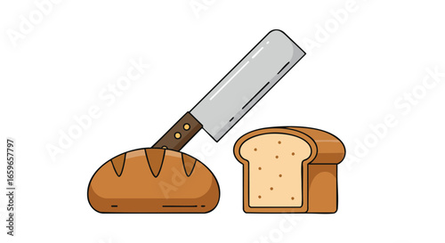 A sharp knife is shown cutting a loaf of bread, with one slice already separated.