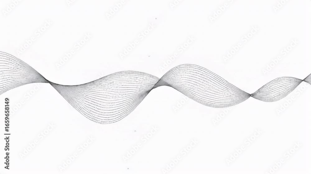 Abstract flowing wave form created from thin parallel black lines on a clean white background.
