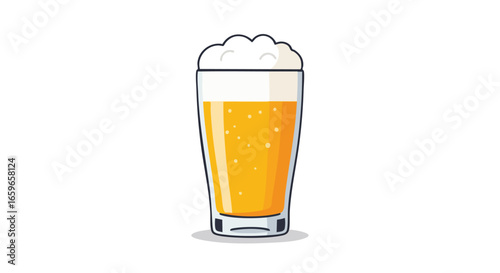 A glass of light-colored beer with a thick head of foam.