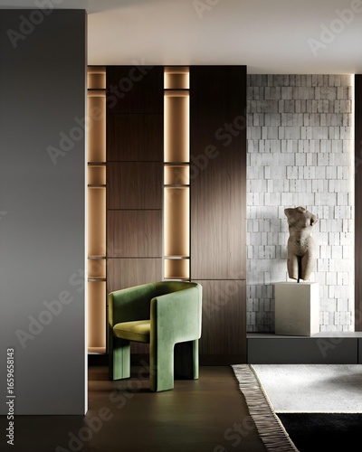 A modern living room in a luxurious stylish indoor design style..