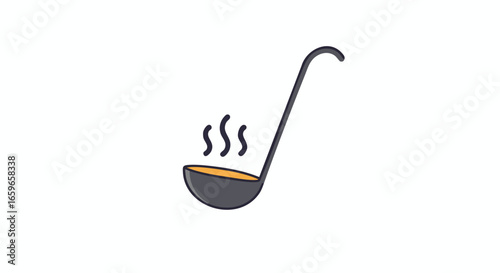 A ladle filled with hot steaming soup, ready to be served.