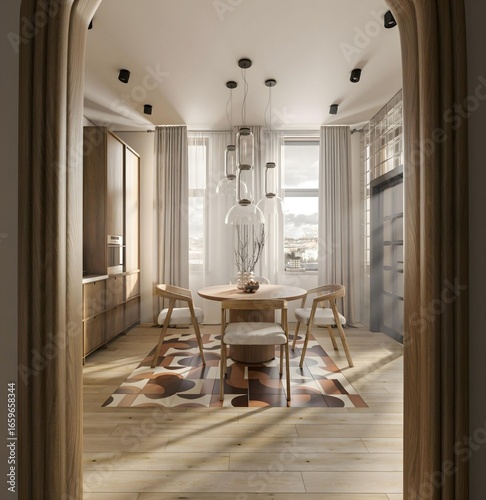Fabulous and modern kitchen with a stylish kitchen table in a luxurious design style..