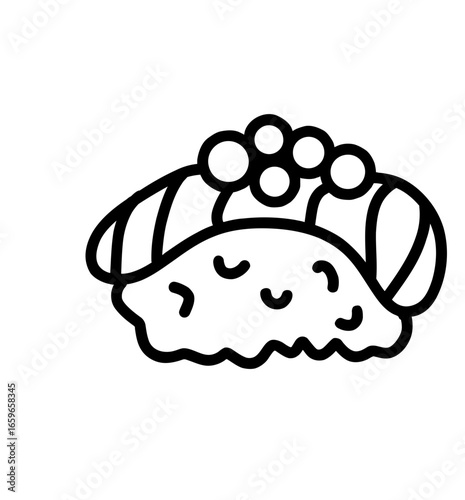 Raw salmon sashimi with salmon roe as dressing. Cute minimalist Salmon sushi and salmon roe doodle vector. Japanese oriental cuisine