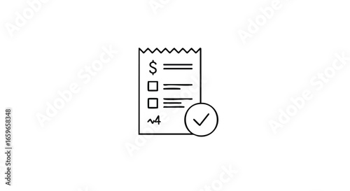 Line art icon of a receipt or checklist with a dollar sign and a checkmark, symbolizing completed financial transactions or tasks.