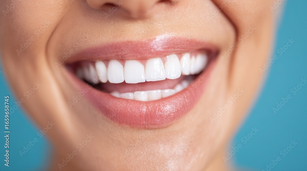 Obraz premium Beautiful woman with a big smile showing her white teeth in a close-up on a blue background, emphasizing a healthy mouth and perfect dental health.
