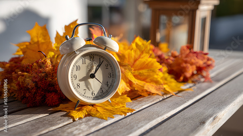 Fototapeta Naklejka Na Ścianę i Meble -  Daylight Saving Time. Alarm clock and orange color leaves on wooden table. Autumn time. Fall time change. Autumn leaves fall and winter approaches, the concept of daylight saving time.