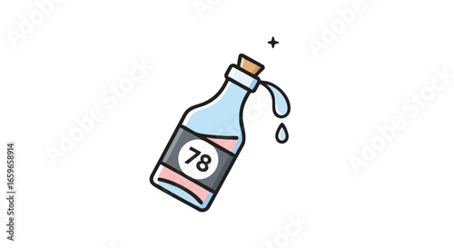 A tilted glass bottle with a cork stopper, containing a light blue liquid and labeled with the number 78.