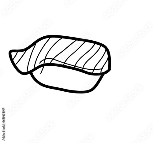 Sushi set vector illustration in hand-drawn vintage style. Japanese food collection with maki rolls, salmon nigiri, chopsticks, and wasabi. Asian cuisine sketch art for menu.