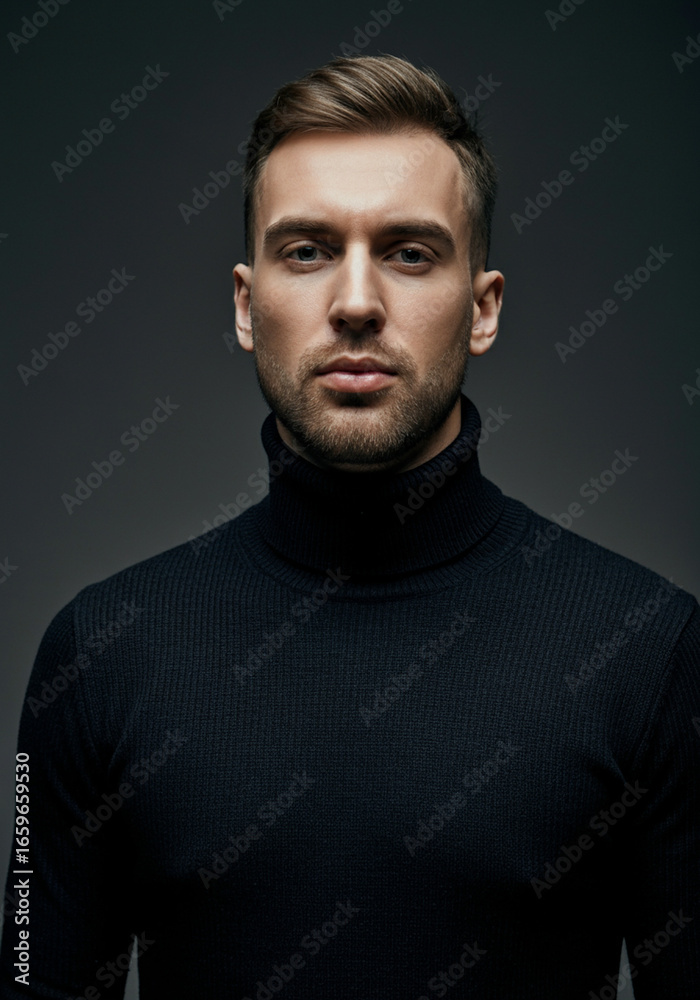 Fototapeta premium Handsome man with stylish hair and beard wears a black turtleneck sweater indoors
