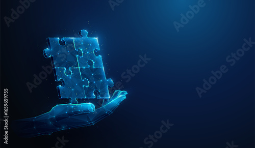 Low-Poly Jigsaw Puzzle Made of Wireframe Mesh in Hand. Abstract vector illustration depicting business solution, problem solving, and synergy partnership concept on blue background with copy space.