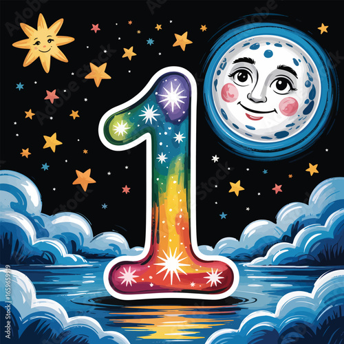 Colorful number one with celestial bodies and clouds over water rainbow