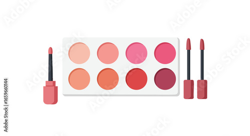 A vibrant makeup palette featuring eight shades of blush or eyeshadow, accompanied by three matching lip gloss applicators, all set against a clean white background.