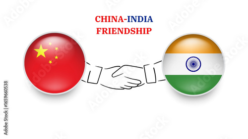CHINA and INDIA flags in circle with shake hand.CHINA and INDIA friendship.CHINA and INDIA flags, isolated on white background. Vector icon set. Vector illustration.