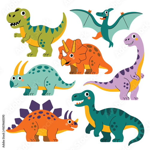 Collection of cute cartoon dinosaurs with smiling faces and vibrant colors t-rex triceratops