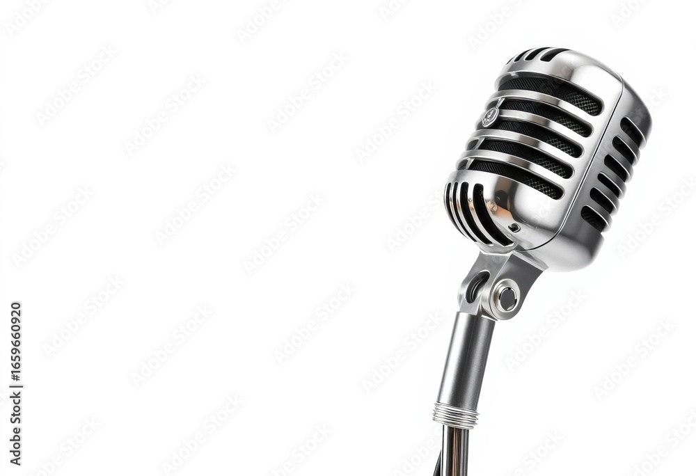 Obraz premium Vintage microphone, chrome finish, isolated on pure white background, karaoke, broadcast
