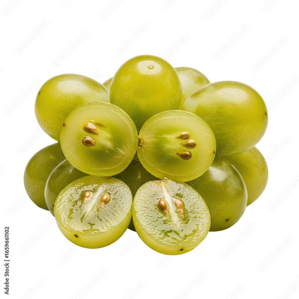 Obraz premium Green-gold wine grapes, some sliced showing dewy translucent flesh and tiny seeds, others plump with iridescent skin, isolated on transparent. Concept for luxury food photography.