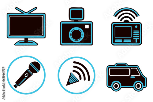 Collection of media and broadcasting icons and symbols