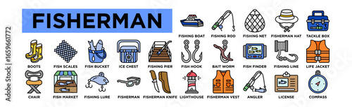 Fisherman  Icon Set. Editable Stroke Icon Collection. Fishing Boat, Fishing Rod, Fishing Net, Fisherman Hat, Tackle Box, Fish Hook, Bait Worm, Fish Finder, Fishing Line, Life Jacket, Fisherman Boots, 