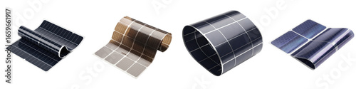 Ultrathin foldable solar film panels in various colors isolated on transparency background showing flexible renewable energy technology