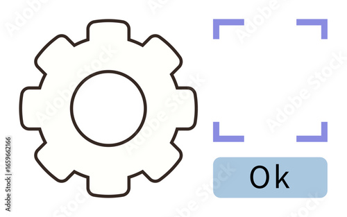 Gear graphic paired with a blue Ok button inside a minimalist frame. Ideal for technology, settings, approval, interface design, completion, system optimization, user confirmation. Simple flat