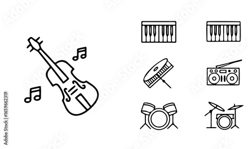 Hand drawn musical instruments and notes icon set