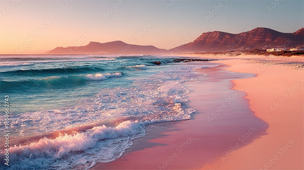Fototapeta premium Pastel beach at dawn, waves crashing on pink sand. Mountain range in distance