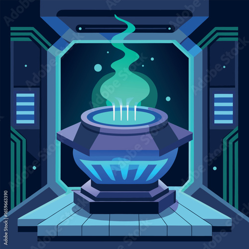 Vector illustration of a fantasy steaming stove in a dark room.