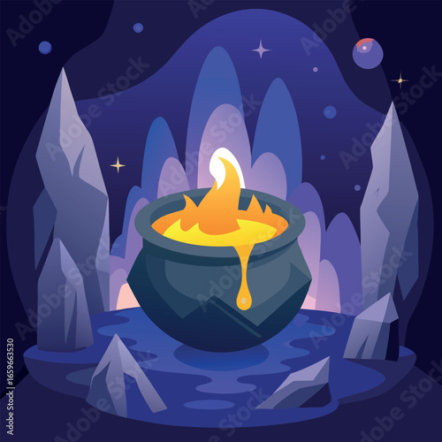 Magic potion in a cauldron. Vector illustration in cartoon style.