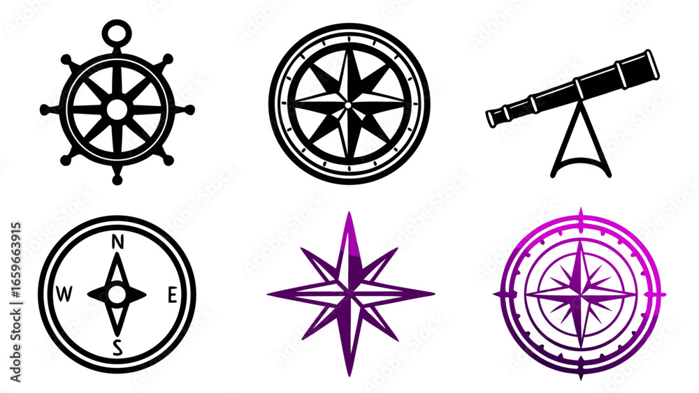 Obraz premium Nautical icons collection featuring compass rose ship wheel and telescope