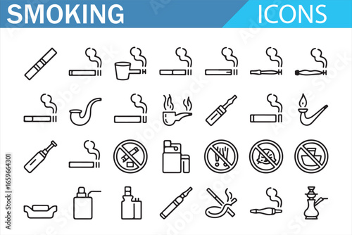 Health-focused smoking icons showing various smoking habits and related warnings.