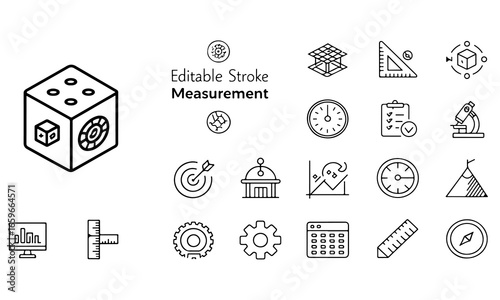 Collection of editable stroke icons for measurement and business concepts