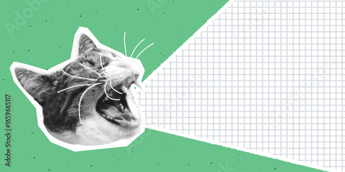 Playful collage design featuring a cat shouting. Halftone style. For school promotions, posters, stationery, social media, classroom