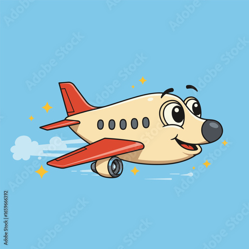 Commercial plane flying away to destination on sky blue background