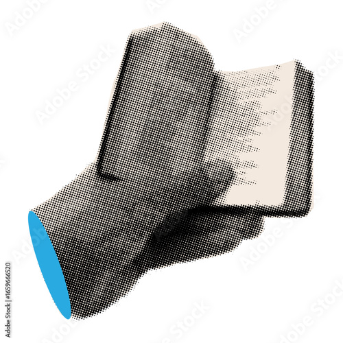 Hand holding open book and reading in halftone style,trendy collage element