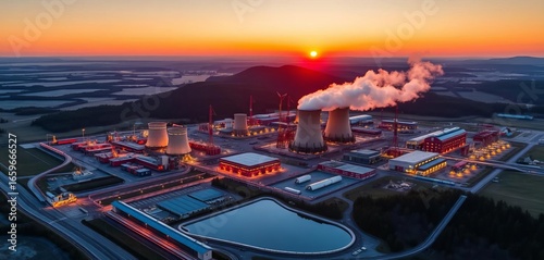 Vast European thermal power plant at sunset, aerial view,  summer,  pipes