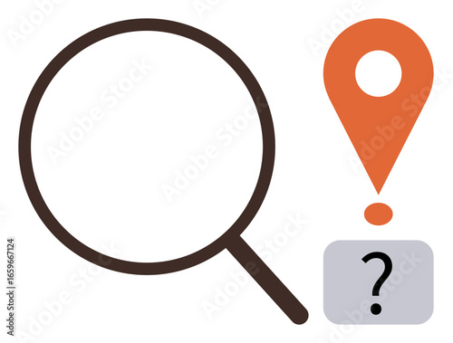 Magnifying glass and orange map pin with question mark suggest research, exploration, problem-solving, navigation, guidance, curiosity, decision-making. Ideal for investigation, analytics and simple
