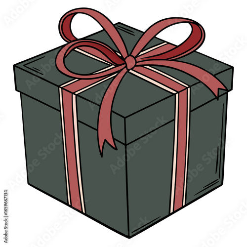 A simple hand drawn illustration of a dark grey gift box with a red ribbon and bow