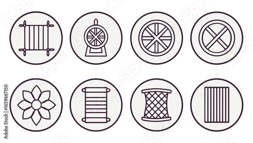 Collection of simple oval icons featuring traditional craft and textile elements
