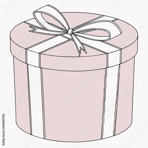 A simple illustration of a pink round gift box with a white ribbon and bow on a white background