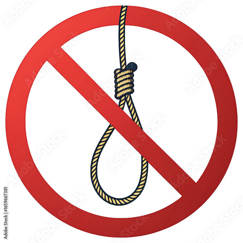 Symbolic representation of suicide prevention with a noose crossed out by a red prohibition sign, a message of hope.