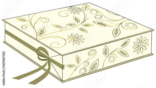 Elegant cream gift box with ornate gold floral scrollwork and a satin ribbon bow